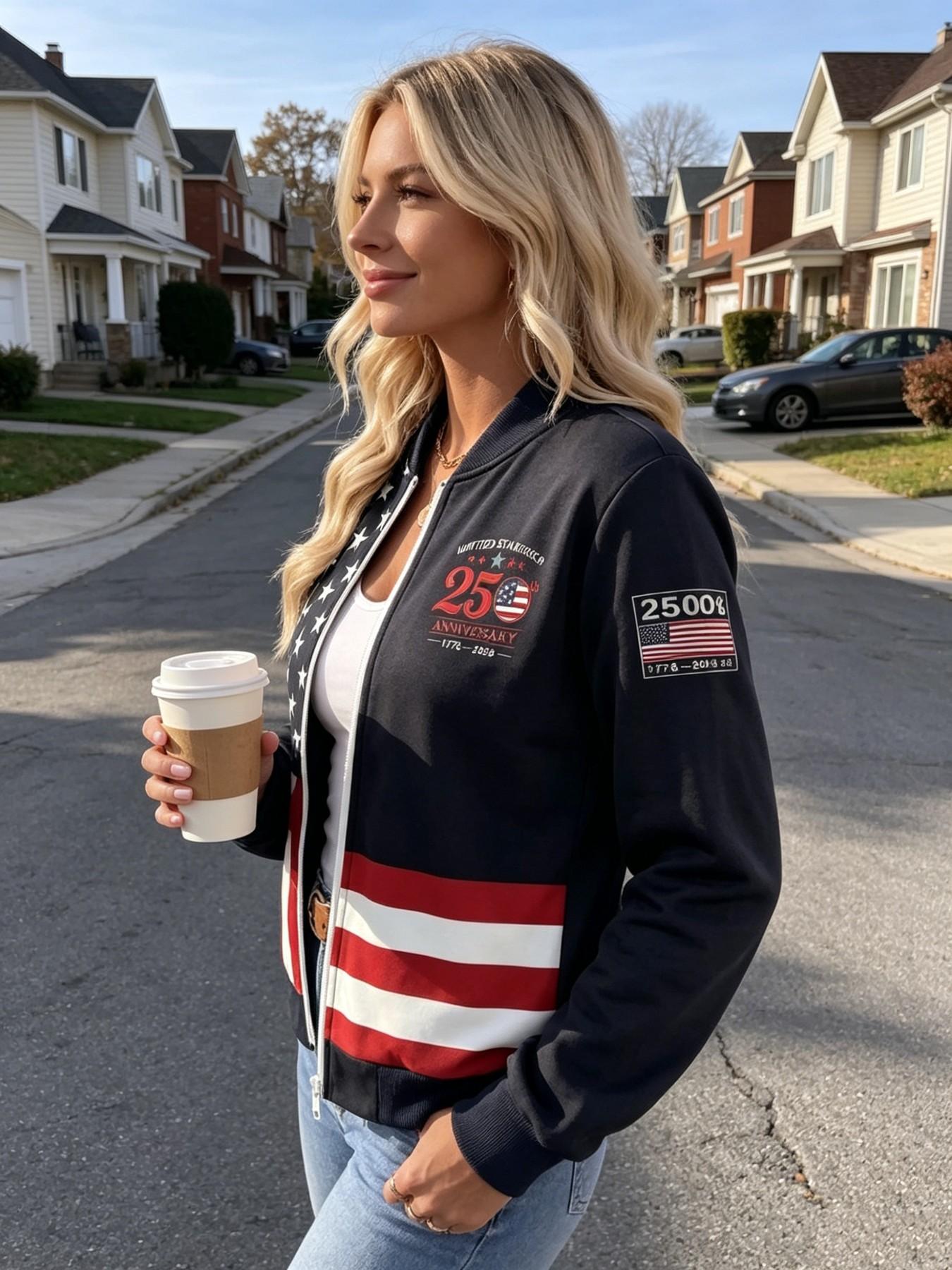 Vintage American Flag Baseball Jacket for Women, Casual Fashionable Jacket, Usa 250th Anniversary Badge Sleeve Print, Stand Collar Front Zipper, Soft Lightweight Long Sleeve Patriotic Coat, Fashion Casual Outerwear