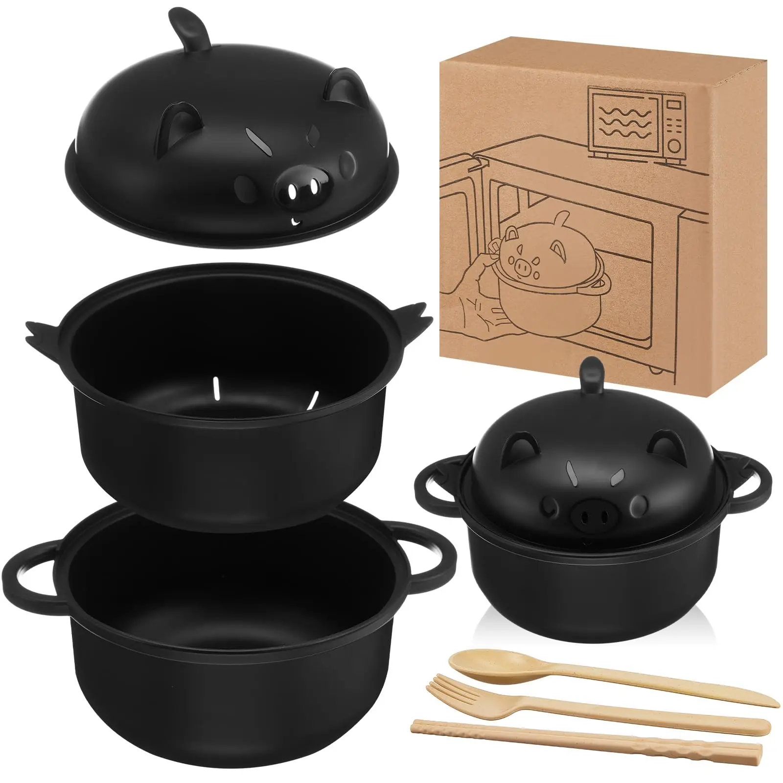 45oz Large Cute Pig Wheat Straw Ramen Bowl Set, Microwavable Tableware & Cutlery Set with Strainer Lid, Handle, Spoon, Chopsticks, Fork - Home Dorm Gift (Black), Tableware Set