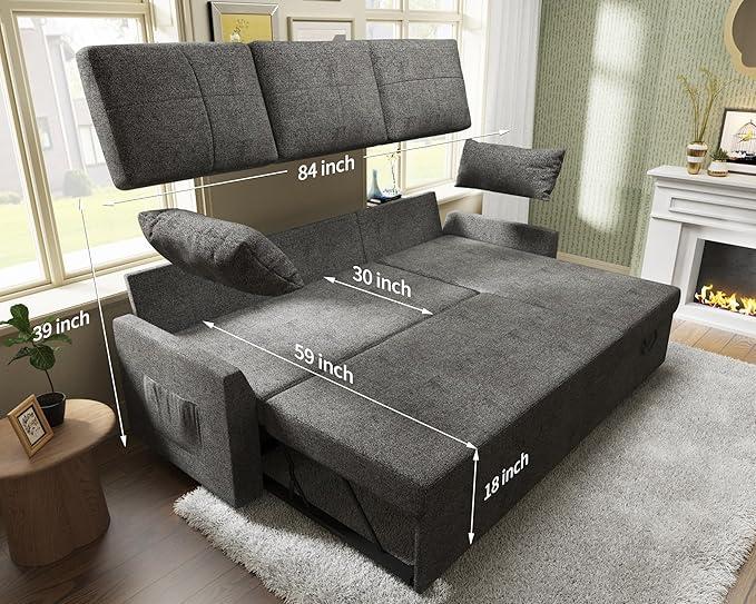 VanAcc Sofa Bed, Sleeper Sofa- 2 in 1 Pull Out Sofa Bed with Storage Chaise, Couch Bed, Comfy Upholstered Daybed for Living Room, Lounge