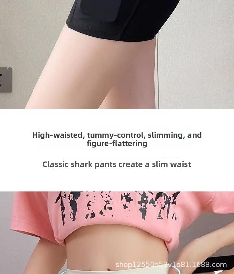 New pocket sharkskin leggings for women, anti-exposure, three-quarter length, high-waisted safety pants, tummy control, slimming yoga shorts