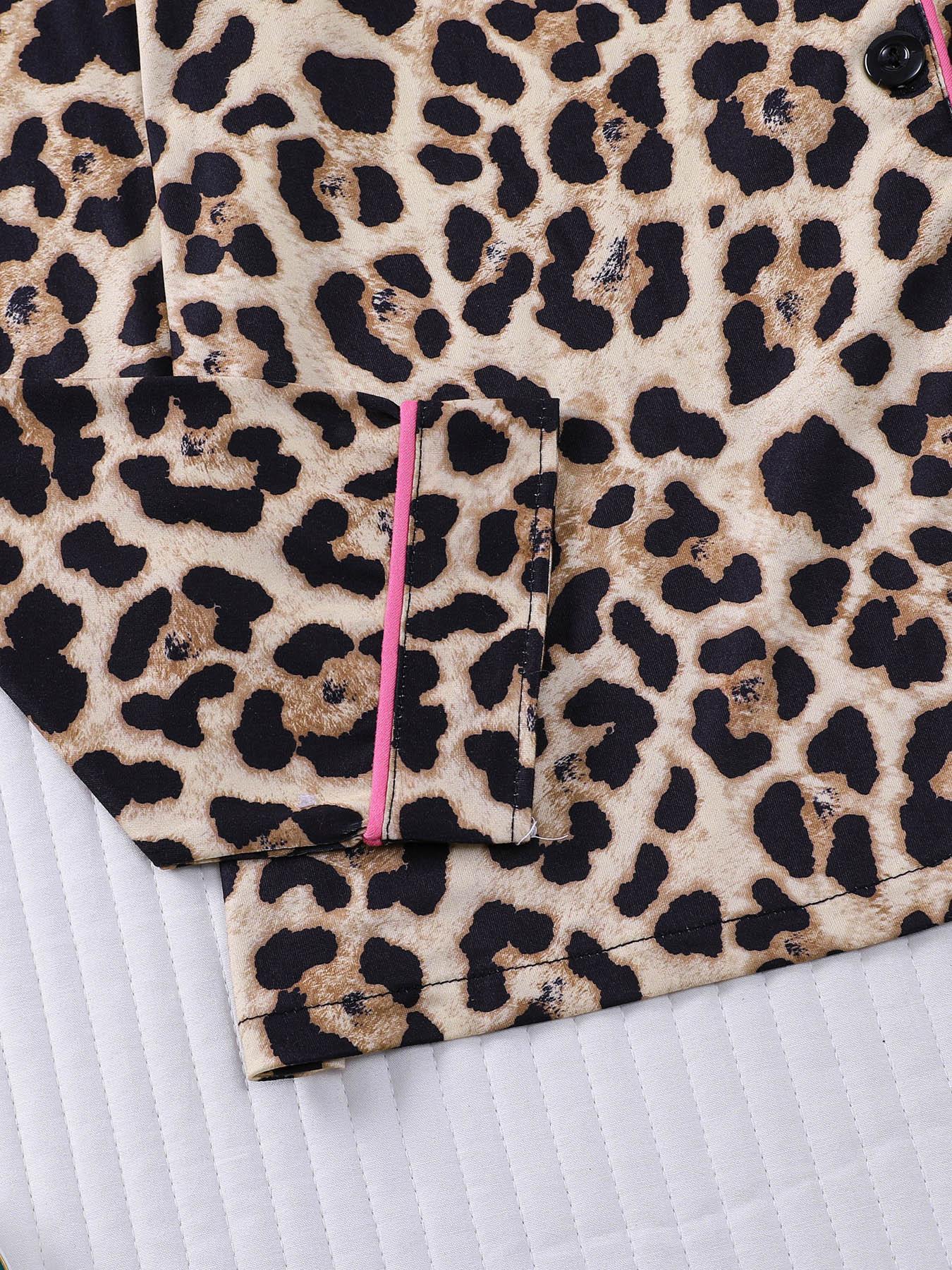 2-piece set full of brown and yellow leopard print long sleeved pants, soft and comfortable, skin friendly and smooth top, small pocket button closure, butterfly bow adjustable waistband, suitable for all seasons home, casual wear, pajamas