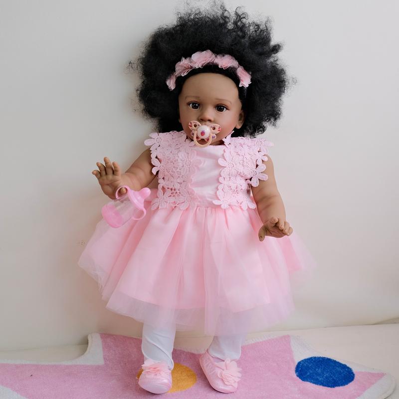 Reborn Toddler Dolls 26 inch 68 cm Black Biracial Reborn Baby Doll - African American & Biracial Mixed-Race Skin, Curly Rooted Hair & Standing Pose Feeding Kit & Gift for Kids