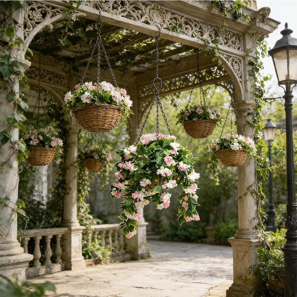 1pcs Artificial Hanging Flower Basket, Outdoor Balcony Garden Sunproof Durable No Maintenance Fake Plant Decorative Planter with Coir Pot