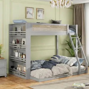 ARCH Twin over Full Bunk Bed with LED Lights and Shelf, Gray Solid Wood Frame for Kids Bedroom, Space-Saving Loft Bed with Bookshelf, Storage Shelves, and Rattan Guardrail, No Mattress Included, Gray Color Options, Solid Wood Material
