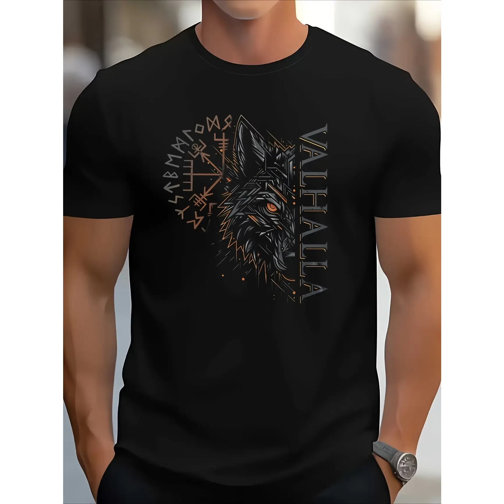 Mythical Wolf Graphic Tee – Norse Rune Design, Dark Fantasy Black Cotton Shirt, Ideal Gift for Him, Best Viking or Warrior Theme Outfit for Friends