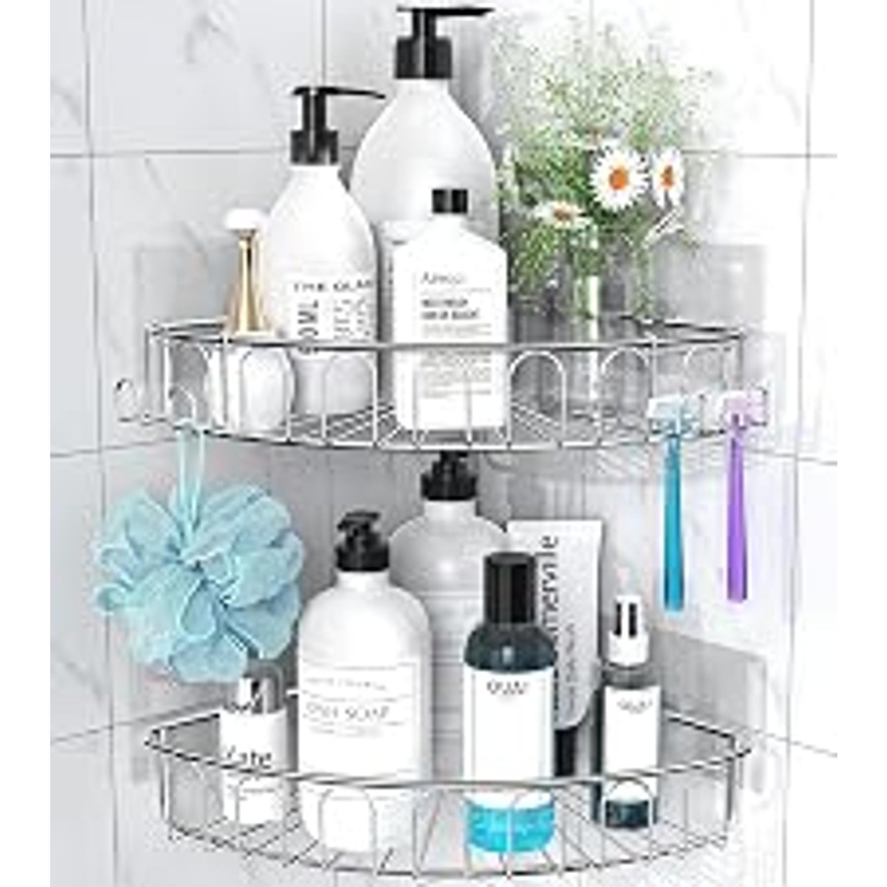 Rustproof 3 Tier Floor Standing Corner Shower Caddy Organizer with Toothbrush Holder, Large Spacing Floor Shower Shelf Rack Storage Stands with Hooks for Bathroom Kitchen, Black