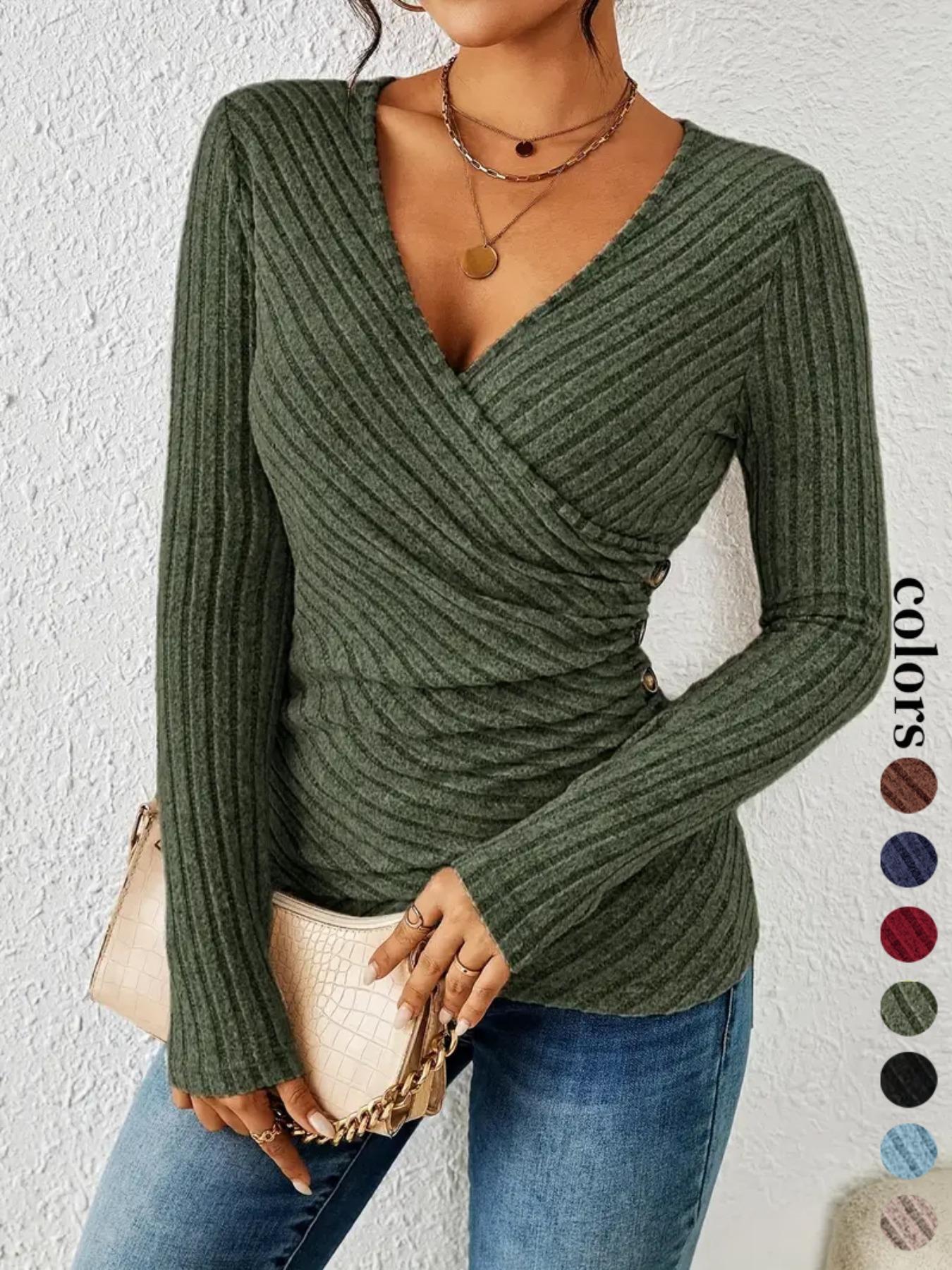 Women's New Style Solid Color Crinkle Cross Neck Long Sleeve Button Front Top, Casual Fashion Blouse for Daily Wear