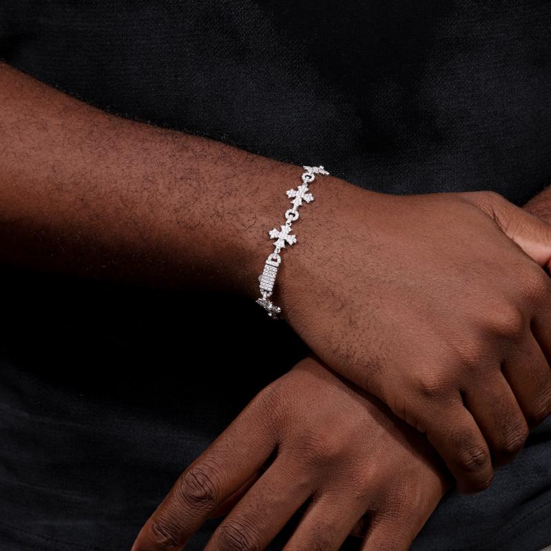 【#B187】 Shiny Synthetic Moissanite Chain Bracelet Cross Delicate Bracelet 925 Sterling Silver Men's Hip Hop Rap Party Trend