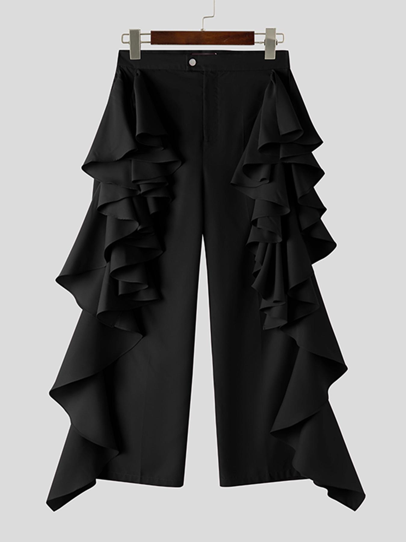 INCERUN Men's Fashion Frill Double Layer Solid Color Long Pants, Casual Button Trousers, Suitable for All Seasons Streetwear, Casual Wear, Comfortable and Stylish