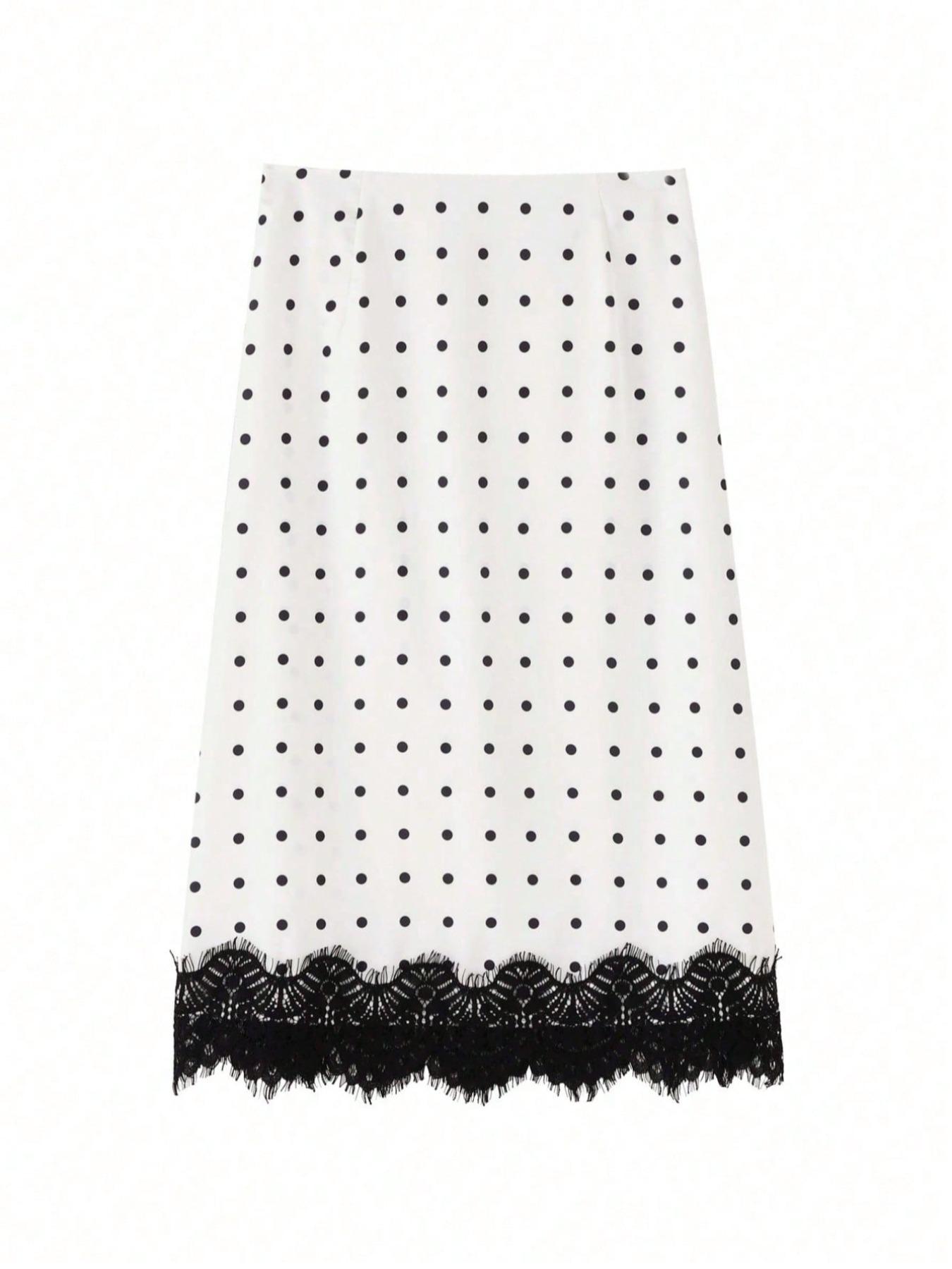 Women's Polka Dot Patchwork Colorblock Elegant Fitted Party Fabric Lace Trim Skirt, Vacation Beach Autumn Winter Fashion