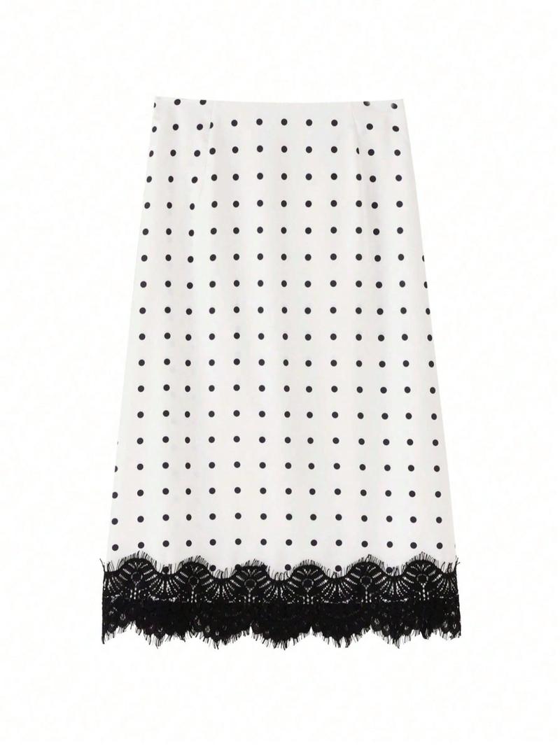 Women's Polka Dot Patchwork Colorblock Elegant Party Fabric Lace Trim Skirt, Vacation Beach Autumn Winter Fashion