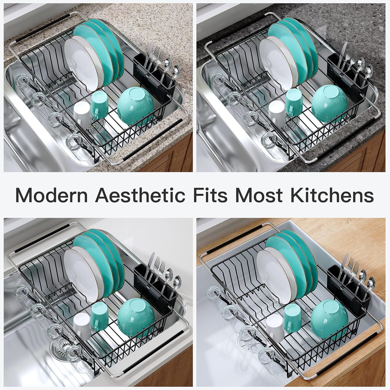 Dish Drying Rack for Sink, Expandable Stainless Steel Dish Drainer with Utensil Holder, Silver Over Sink and Inside Sink Dish Dryer Rack for Plates, Bowls, Cups and Kitchen Counter Storage