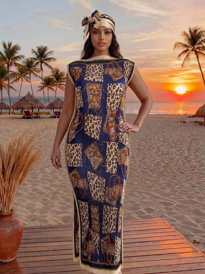 Women's Elegant Animal Print Long Dress Set, Slim-Fitting Moo Moo Skirt & Scarf, Beach Sun Protection Shawl, All Seasons Fashion