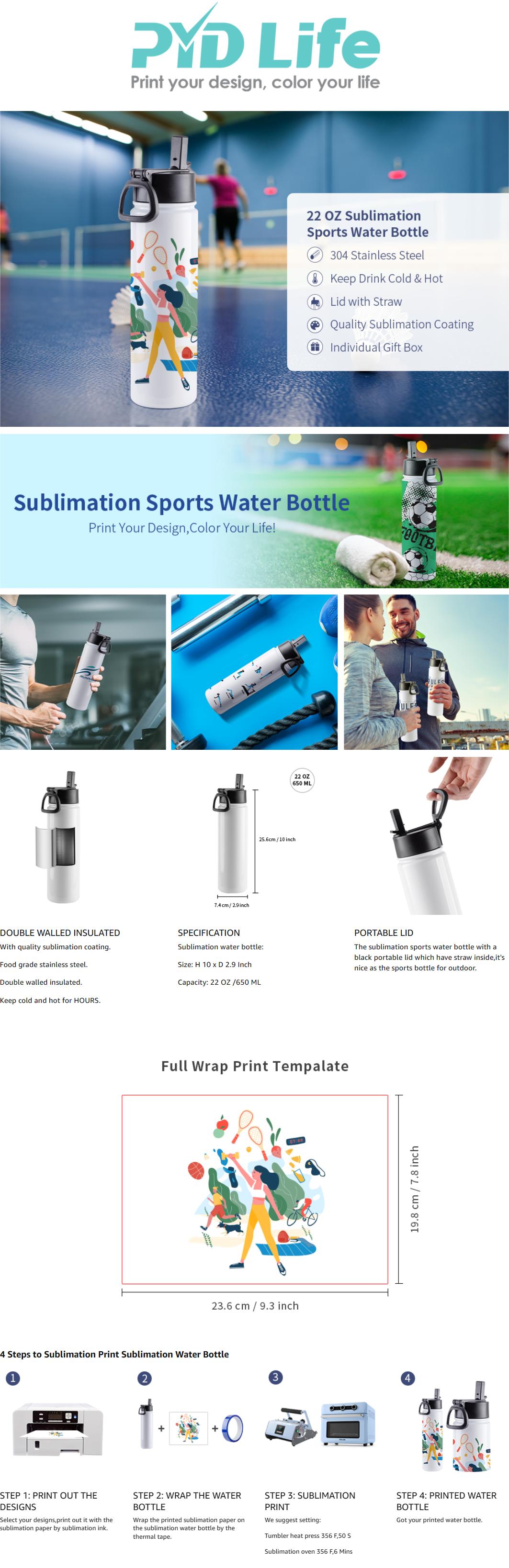 22 OZ Sublimation Water Bottles White With Wide Mouth Handle Cap And Straw 4 Pack