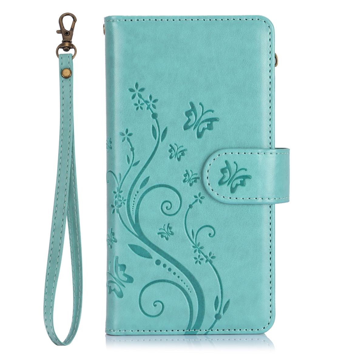 For Samsung Galaxy S25 Ultra S24 Plus S23 FE S22 S21 Lanyard Cute Floral Embossed Butterfly Wallet Phone Case with 6 Card Slots Zipper Pocket Wrist Strap Women Soft PU Leather Protective Flip Fold Stand Cover Magnetic Closure For Mom