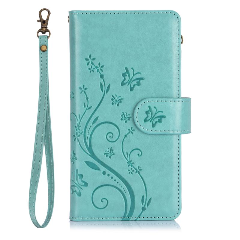For Samsung Galaxy S25 Ultra S24 Plus S23 FE S22 S21 Lanyard Cute Floral Embossed Butterfly Wallet Phone Case with 6 Card Slots Zipper Pocket Wrist Strap Women Soft PU Leather Protective Flip Fold Stand Cover Magnetic Closure For Mom