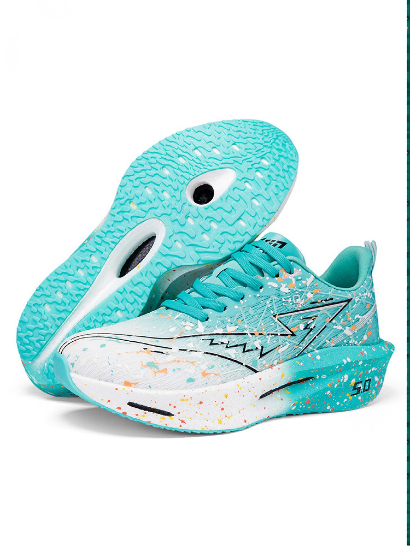 Unisex Teal-Orange Splatter Running Shoes: Carbon Plate Racing Design, Professional Running & Training Sneakers