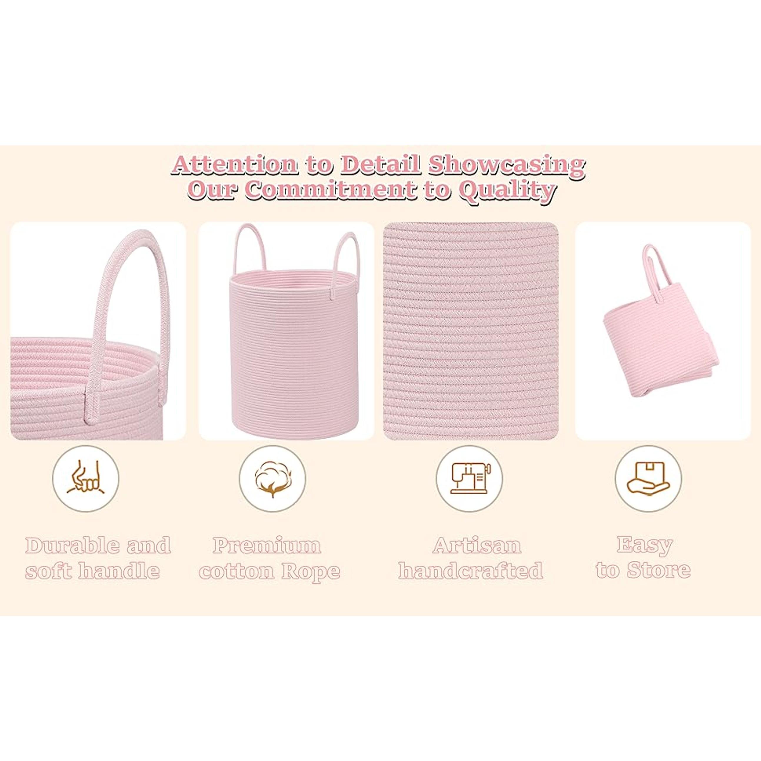 Pink Cotton Rope Laundry Hamper with Handles - 60L Large Collapsible Dirty Clothes Hamper, Sturdy Laundry Organization Container for Living Room, 15"x15"x18" Indoor Storage Organizer