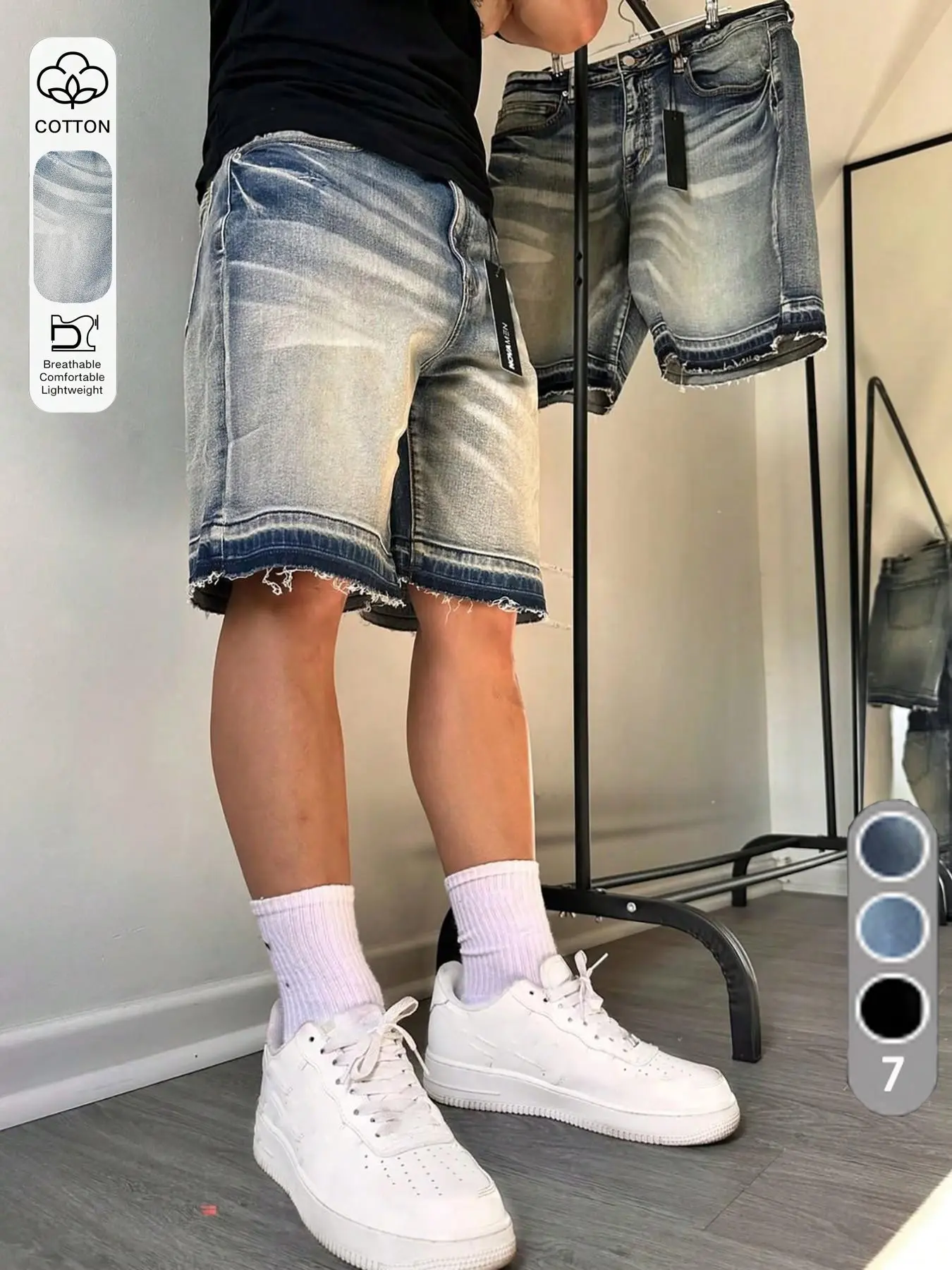 Men's Summer Vintage Washed Blue Gradient Denim Shorts, Loose-Fitting Wide Leg Jeans, Casual High Street Style Five-Quarter Pants
