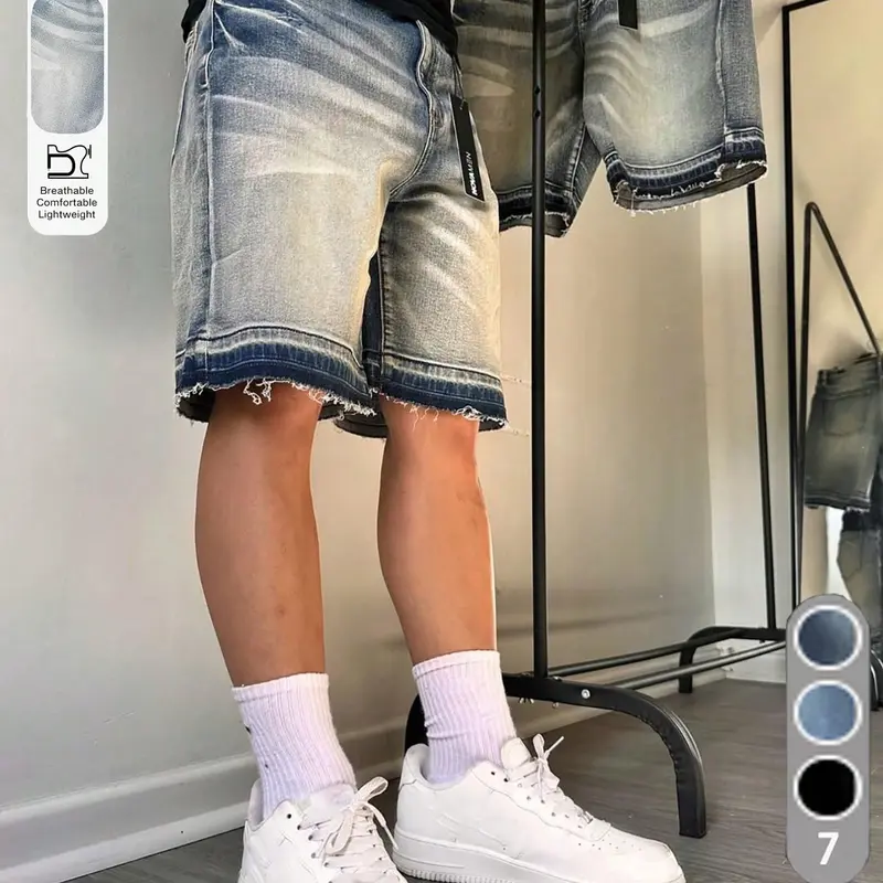 Men's Summer Vintage Washed Blue Gradient Denim Shorts, Loose-Fitting Wide Leg Jeans, Casual High Street Style Five-Quarter Pants, Loose Fit Jorts