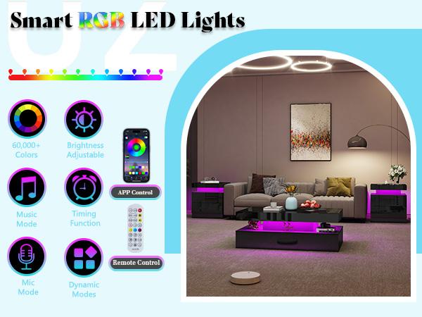 VanAcc High Gloss Nightstand Set of 2 with Charging Station, Modern Bedside Table with LED Lights by App and Remote  Control, Sofa End Side Tables with Drawers, Minimalist Night Stand for Bedroom, Living Room,