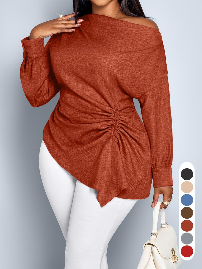 Women's Casual Fall Shirt, Plain Long Sleeve Asymmetrical Hem Top, Fitted Woven Fabric, Ideal for Daily Wear & Commuting