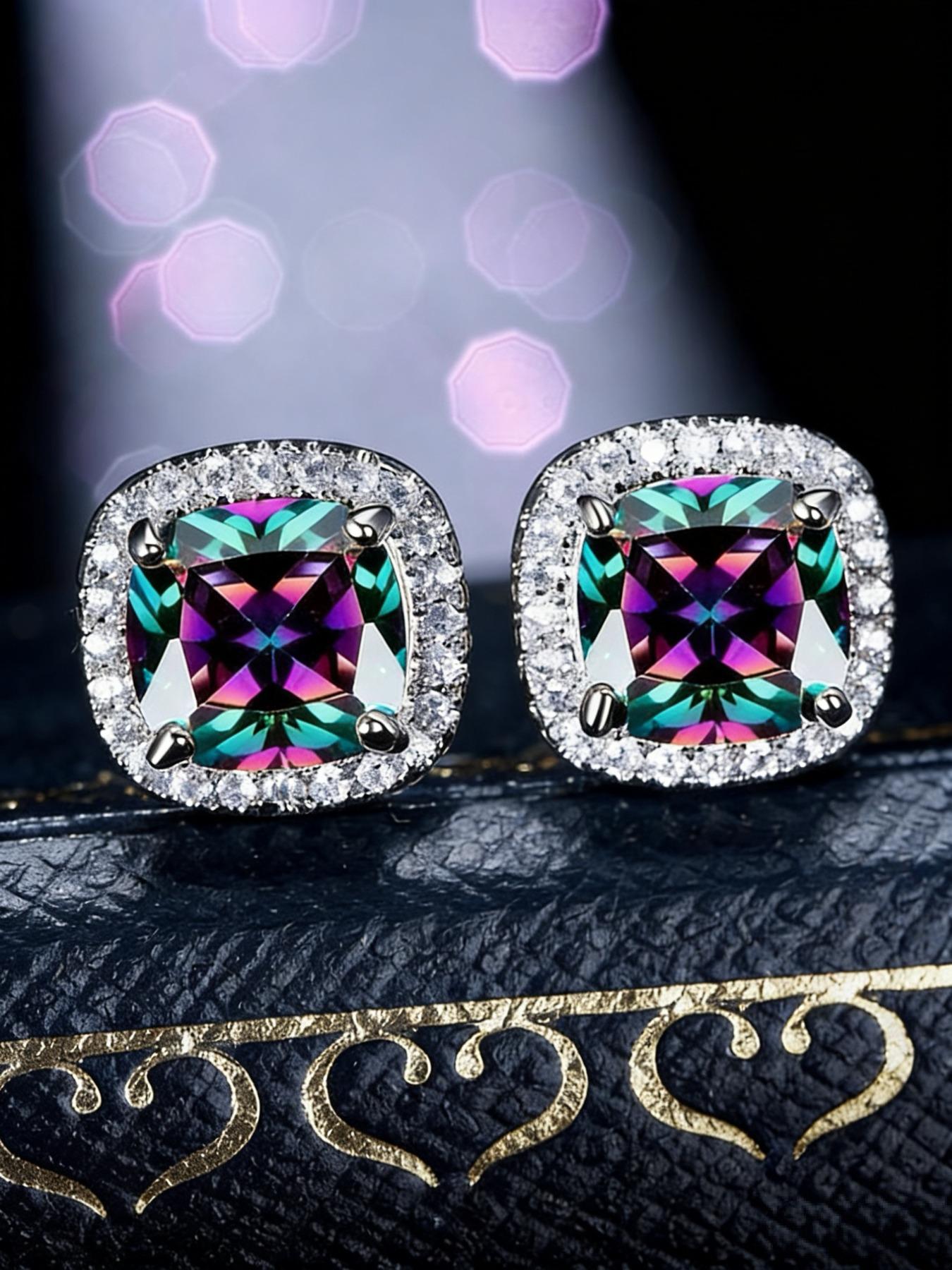 1 Pair Golden Plated Princess Cut Rainbow Stone Stud Earrings Wedding Band Multicolor Earrings Princess Jewelry