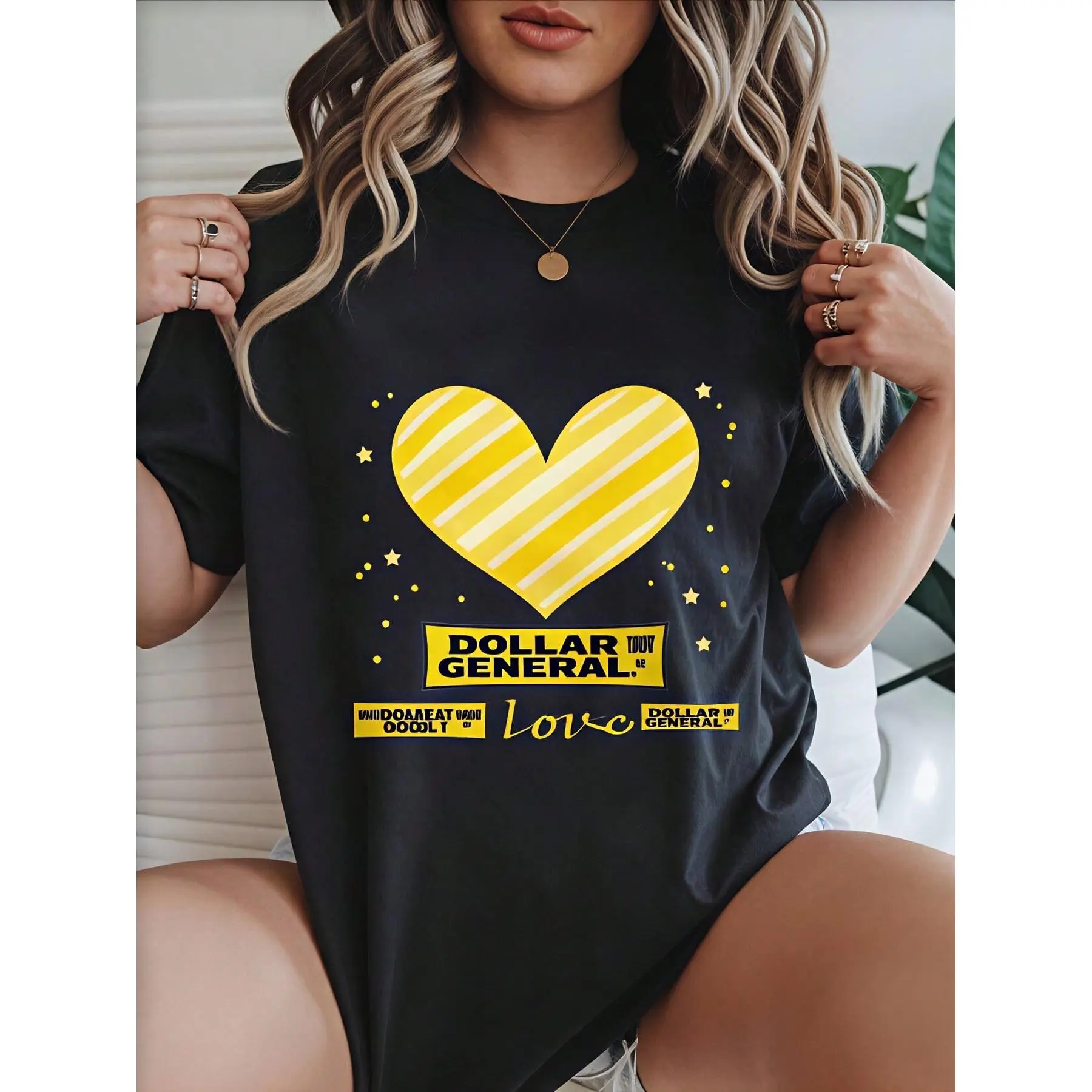 Women's Retro Pure Cotton Short-Sleeve T-Shirt - Loose Fit Fabric, Heart And Stars Design, Casual Pullover Top, Spring-Summer Wear, Valentine's Day Gift