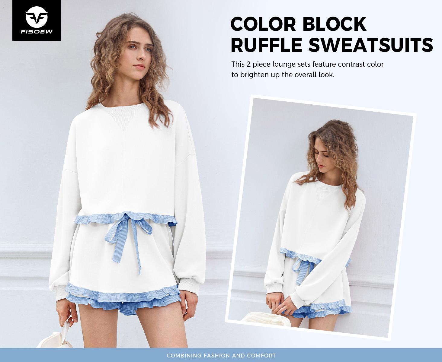 Fisoew Women's 2 Piece Lounge Sets Ruffle Color Block Cropped Sweatshirts Casual Drawstring Shorts Spring Loose Sweatsuits #Springtok #ValentinesDay SpringStatements