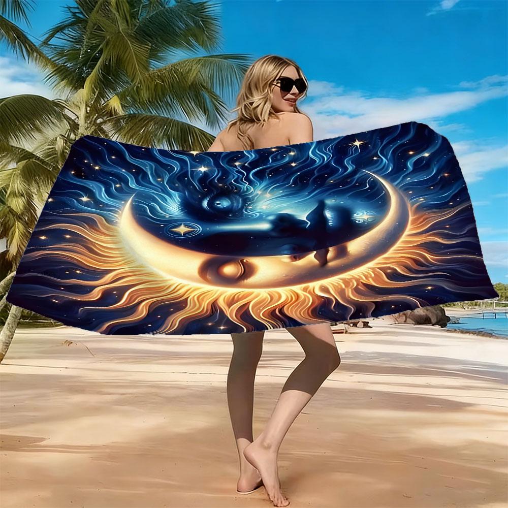 [Beach Towel] Sun and Moon Psychedelic Art Beach Towel - Premium Microfiber Digital Print Design, Ultra-Soft and Quick-Dry Aesthetic Bohemian Tapestry Style Bath Towel for Summer Vacation, Poolside, Travel – Durable Vivid Colors Fade-Resistant 1pc