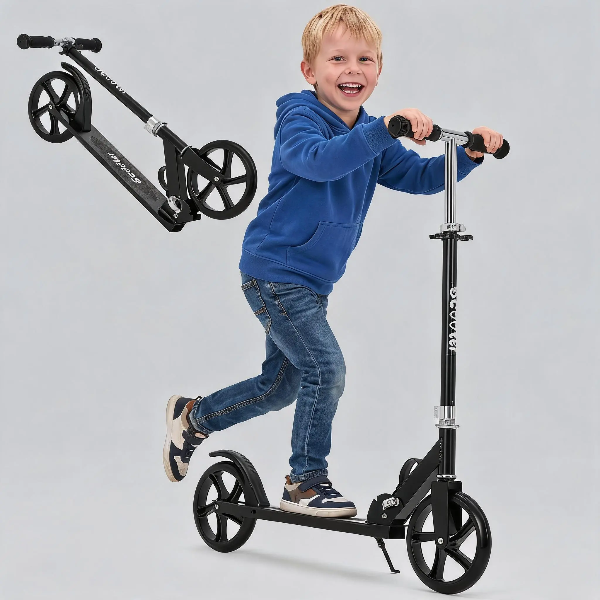 Kids 2 Wheel Scooter, Folding, Large Wheels, 4 Level Adjustable Height, Lightweight, Ages 6 and Up