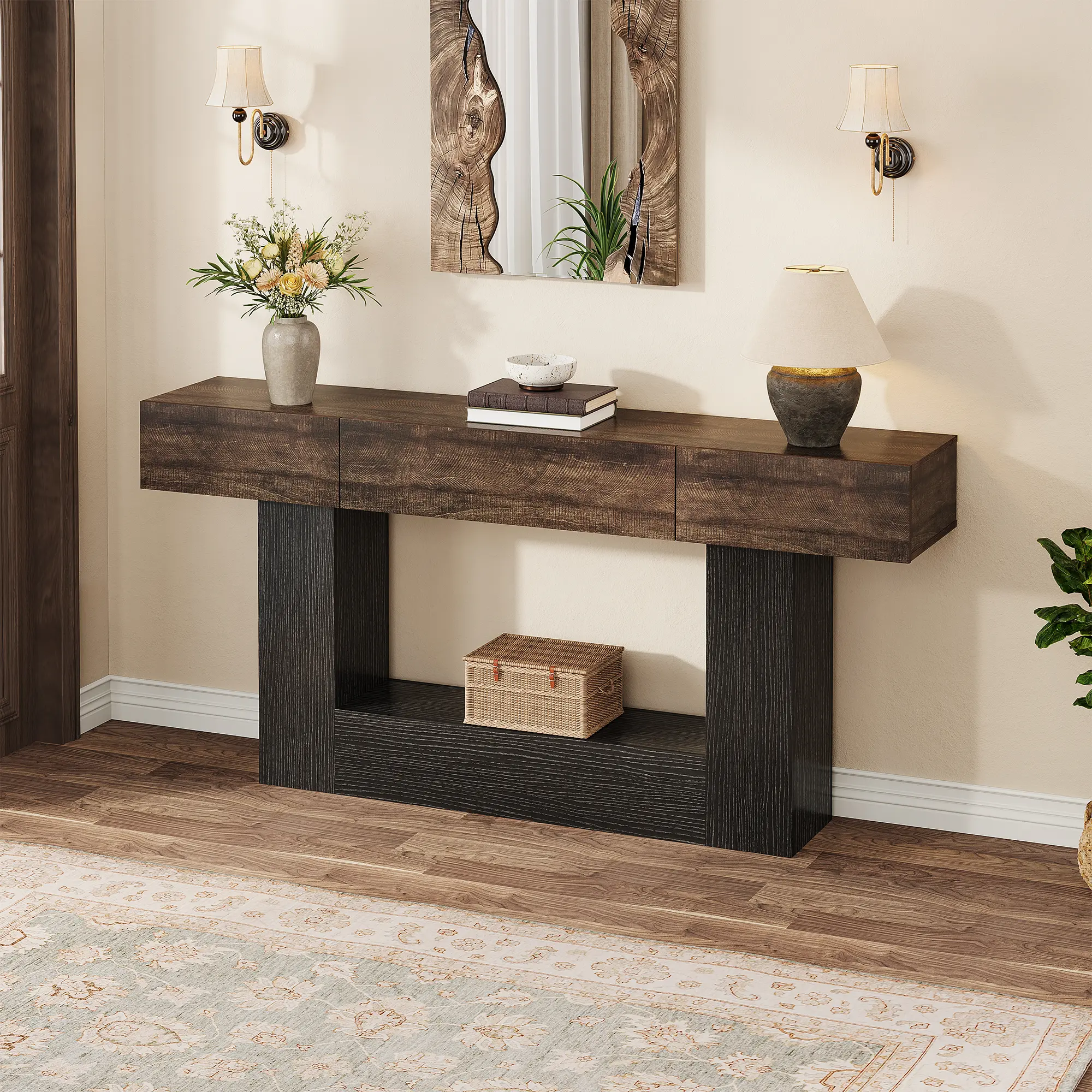Modern Farmhouse Console Table with Storage Drawers for Entryway & Living Room