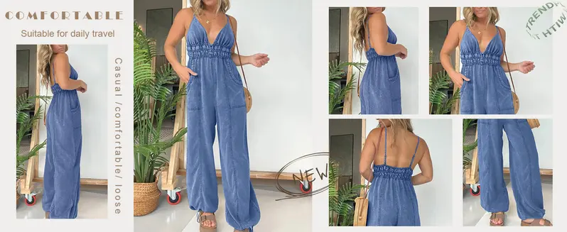 utcoco Women's Retro Cotton Denim Overalls Jumpsuit - Spaghetti Straps, Sleeveless, Deep V-Neck, Adjustable Straps, Elastic Waist, Wide-Leg, Functional Pockets, Casual Lounge-Party Wear
