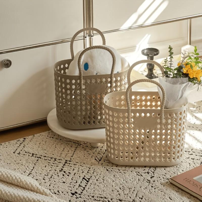 1 portable picnic basket/camping basket/home shopping basket/bathroom toiletries storage basket, sand-proof waterproof handbag with drain hole, suitable for travel essentials, outdoor equipment on holiday beach, mesh storage basket.