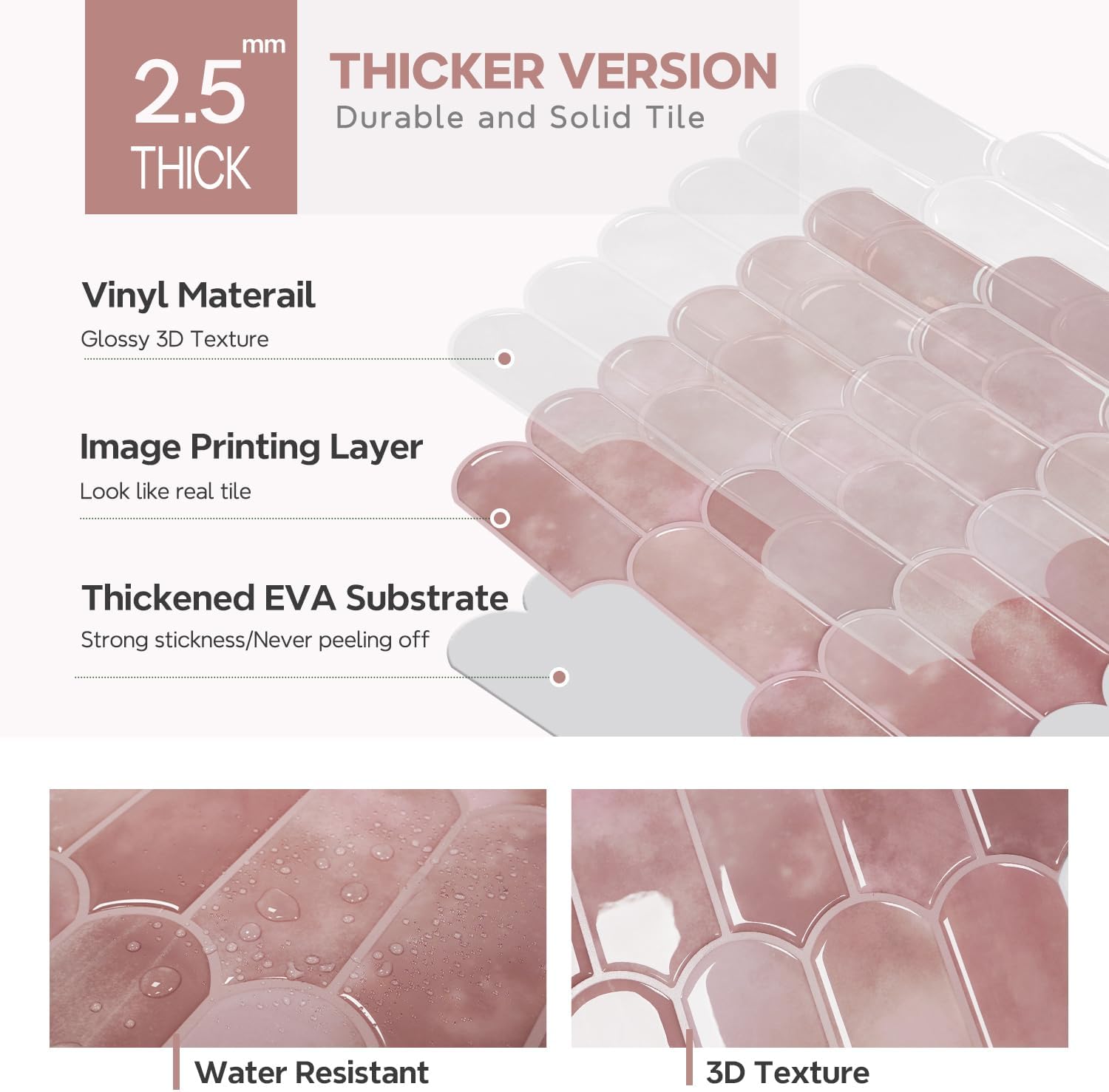 Vamos Tile 10-Sheet Backsplash Peel and Stick Tile, Pink Self Adhesive Vinyl Wall Tiles, Stick on Backsplash for Kitchen, Bathroom,RV (Thicker Design)