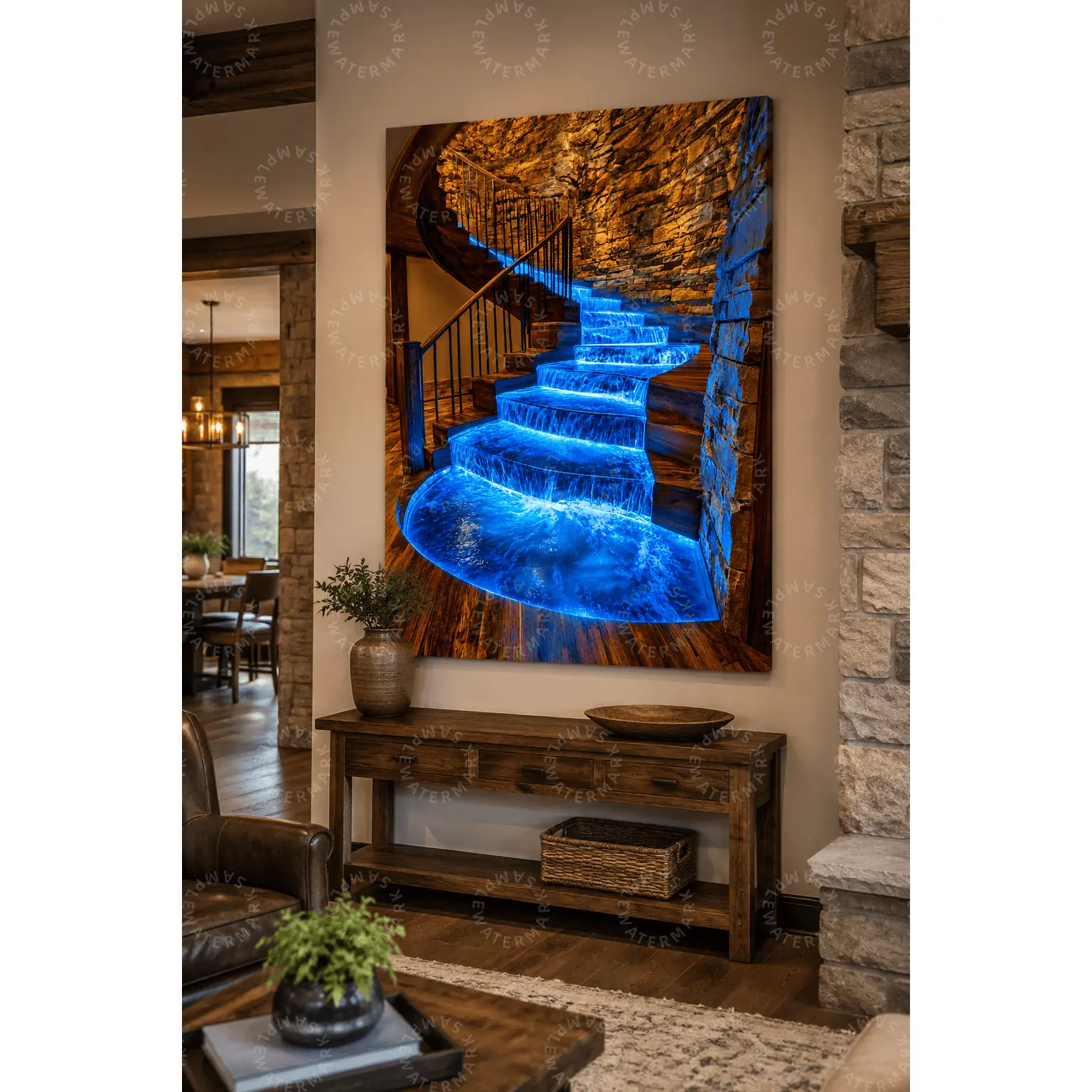 Neon Blue Waterfall Staircase Canvas Wall Art, Glowing Fantasy Interior Aesthetic Poster, Living Room Decor, Bedroom Wall Art, Office Wall Art, Gaming Room Decor, Modern Rustic Home Gift