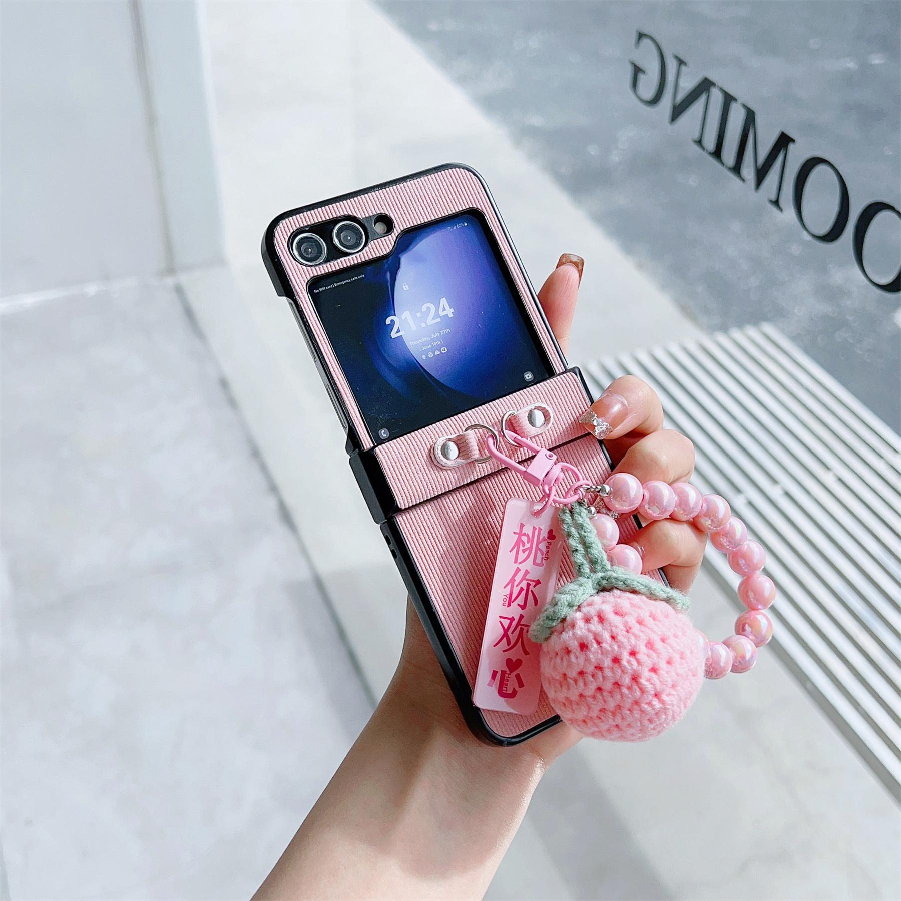 Korean Cute Peach Cherry Beads Ring Pendant Stripes Case for Samsung Galaxy Z Flip 7 Z Flip6 Zflip5 Zflip5 Back Cover