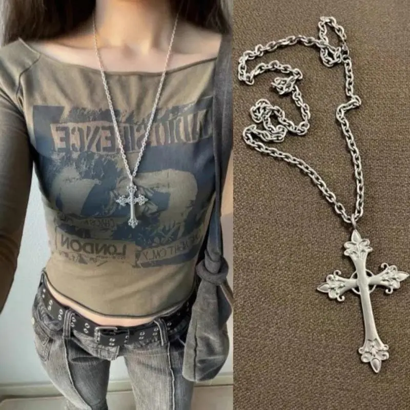 New Goth Rose Cross Pendant Necklace for Women Large Silver Carved Sweater Chains Choker Fashion Jewelry Accessories