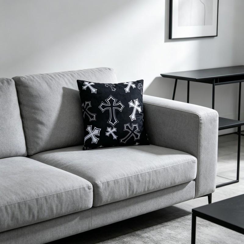 Vintage Gothic White Cross Black Throw Pillow Cover, Soft Plush, Material 18"×18" Single Sided Printed Cushion Cover with Hidden Zipper, Emo Punk Room Decor Gift. (No Filler Included)#GothicHomeDecor #PunkDecor #CrossPillow #ThrowPillowCover