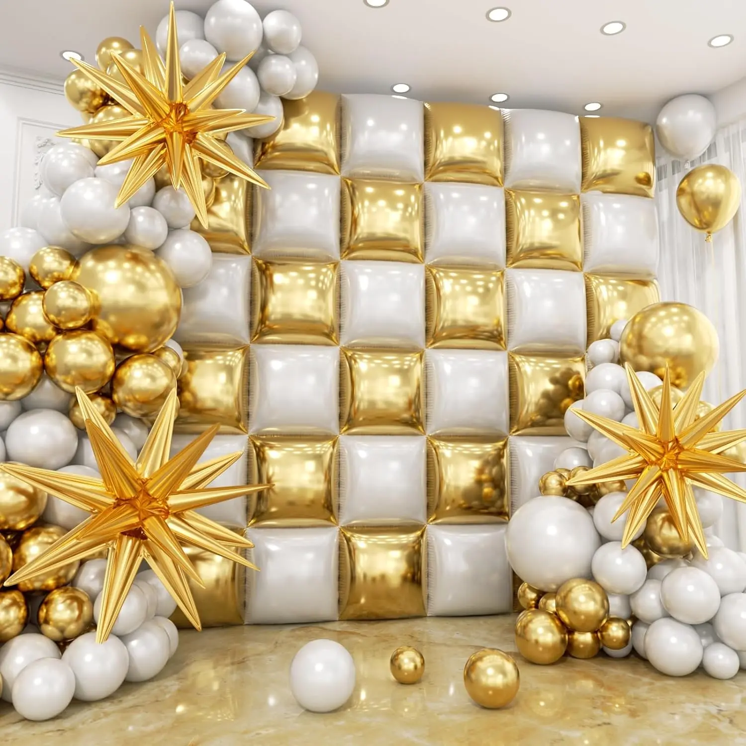 36-Piece White and Gold Square Foil Balloons Wall Backdrop with 147-Piece Arch Balloons Garland Kit, Double-Sided Decor for Wedding, Birthday, Anniversary Parties