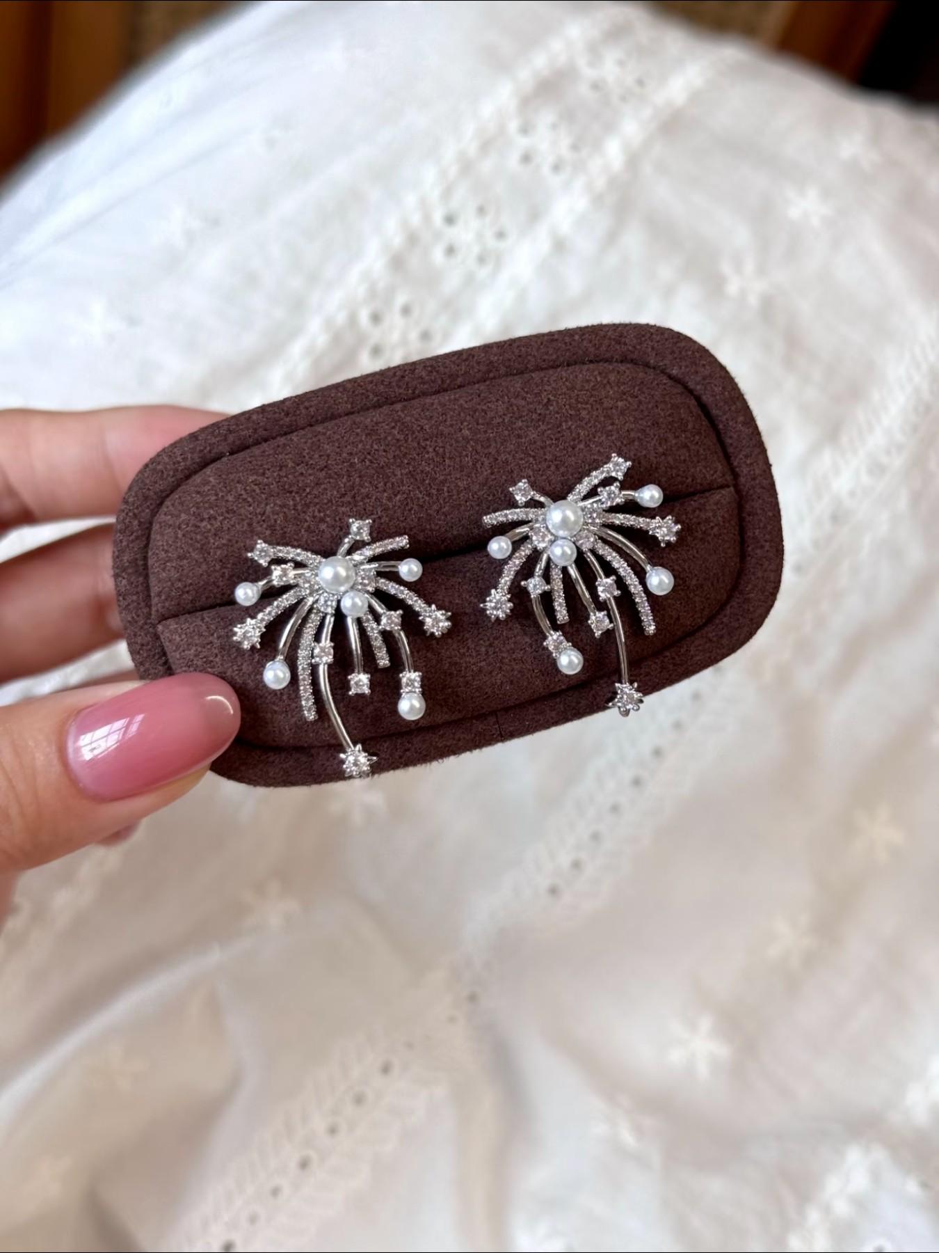 Silver Color Firework Pearl Earrings, Luxury Rhinestone Design, Dangle Style, Titanium Steel, Fashionable Women's Jewelry