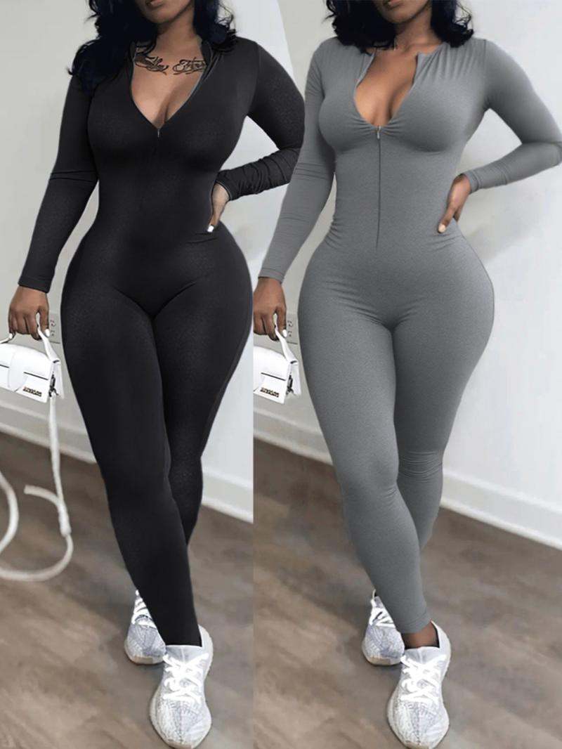 Women's Plain Tight-Fit Zipper Jumpsuit, Long Sleeve Casual Romper, Spring & Fall Fashion, Comfortable One-Piece
