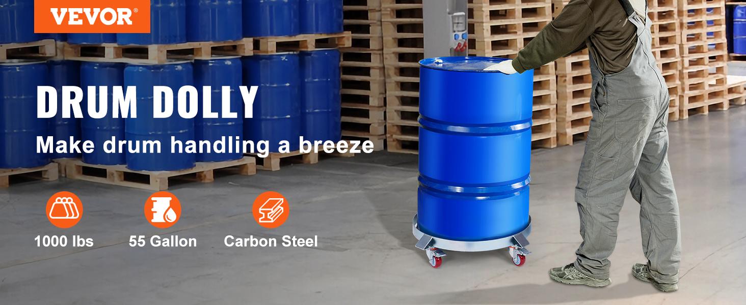 fathersdaygift  VEVOR 55 Gallon Heavy Duty Drum Dolly, 1000lbs Load Capacity, Barrel Dolly Cart Drum Caddy, Non Tipping Hand Truck Capacity Dollies with Steel Frame 4 Swivel Casters Wheel, for Warehouse Drum Handling