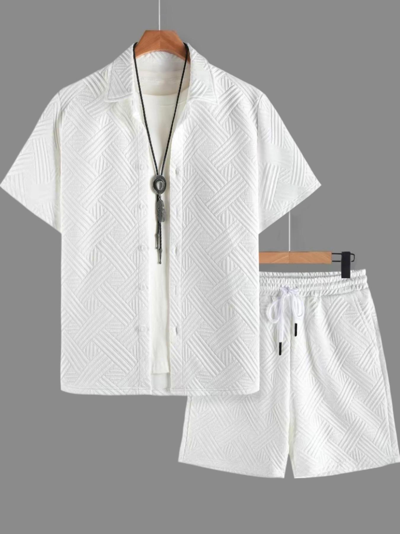 Two-piece Set Men's Solid Color Button Top & Drawstring Waist Shorts Set, Regular Fit Casual Short Sleeve Top & Pocket Shorts, Shortsleeve Men's Summer Clothes, Loungewear, Pajamas Set