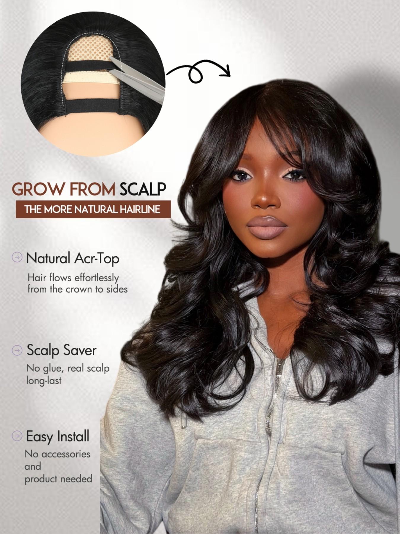 Women U Part Wig V Part Yaki Layered Curly Wigs, 16 Inch Clip-In Synthetic Wig, Heat-Resistant No-Sew-In Design, Natural-Looking