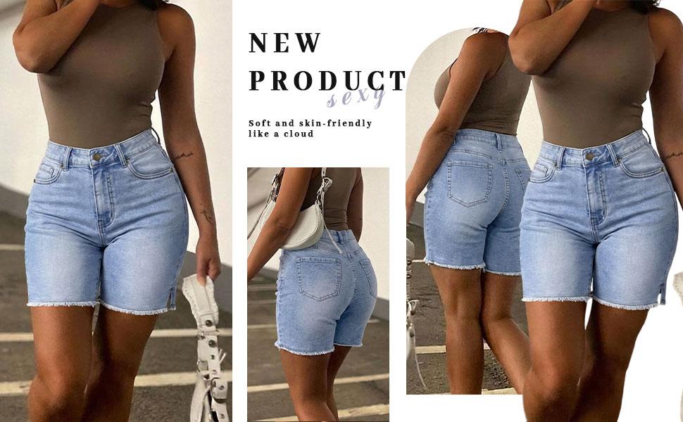 GILIPUR Women's Light Blue High Waist Elastic Denim Shorts. Y2K Vintage Side Split Frayed Hem Jorts. Casual Streetwear Slim-Fit Shorts for Summer. Beach & Daily Wear GILIPUR Women's Light Blue High Waist Elastic Denim Shorts. Y2K Vintage Side Split Frayed Hem Jorts. Casual Streetwear Slim-Fit Shorts for Summer. Beach & Daily Wear