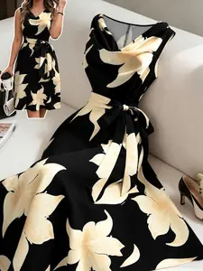 Women's Plus Size Floral Print Midi Dress, Cowl Neck Sleeveless Tie Waist A-Line, Flattering Curvy Fit, Vintage Old Money Style for Wedding Guest, Party & Formal Occasions, Calla Lily Flower Dress