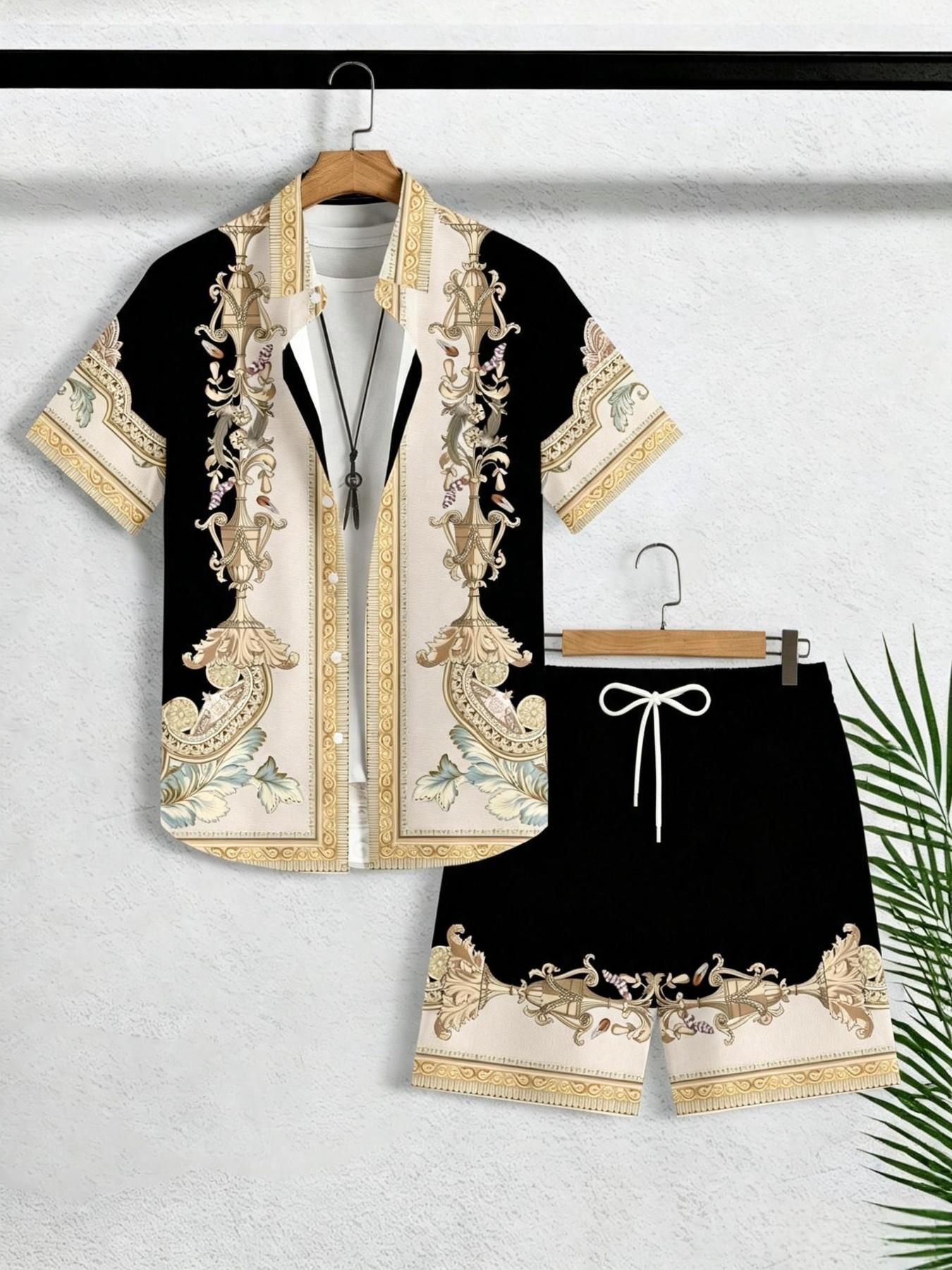 Men's Light Blue Baroque Scroll Two-Piece Set, Vintage Floral Vase Print Collar Shirt + Drawstring Shorts, Casual Loose-Fit All-Season