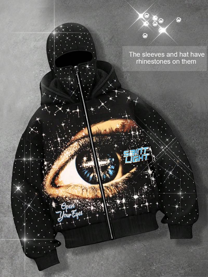 Eye pattern, two hats, zipper hoodie for men, sleeve hat with rhinestones, sparkling starry sky cardigan, hooded unisex hoodie, European and American street casual fashion trend jacket, autumn and winter velvet hoodie, party nightclub Instagram style