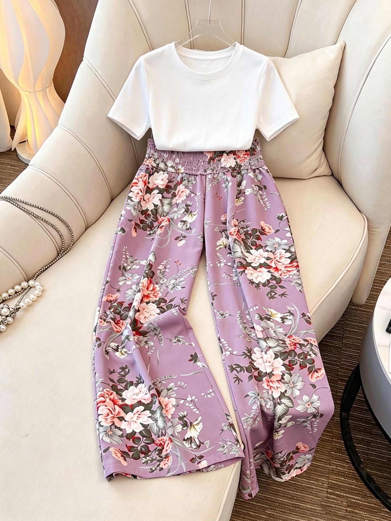 Lavender Floral High Waist Wide Leg Pants, Summer Casual Boho Palazzo Trousers with Pockets, All over Print, Fitted Style